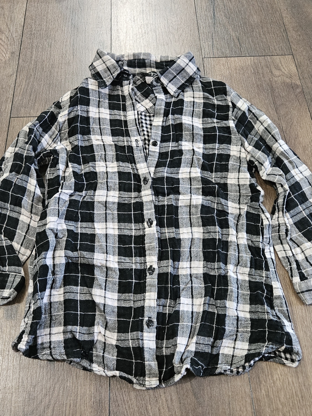 Black & White Plaid Aqua Button Up Top Size M 3/4 Sleeves